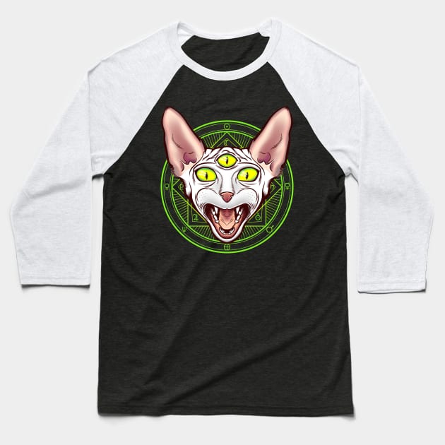 Creepy 3-eyed Occult Sphinx Cat Esoteric Pagan Magic Baseball T-Shirt by kgullholmen